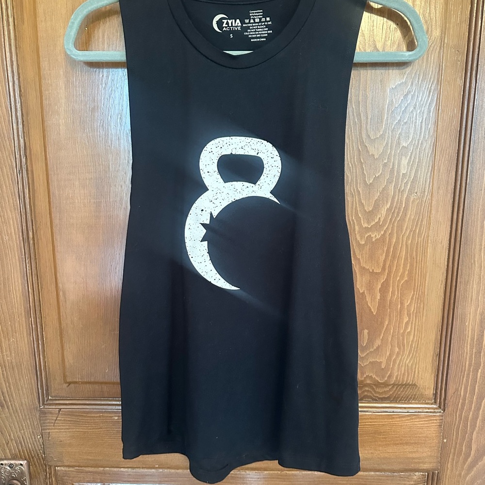 ZYIA Black Moon Muscle Tee with White Kettlebell Graphic
